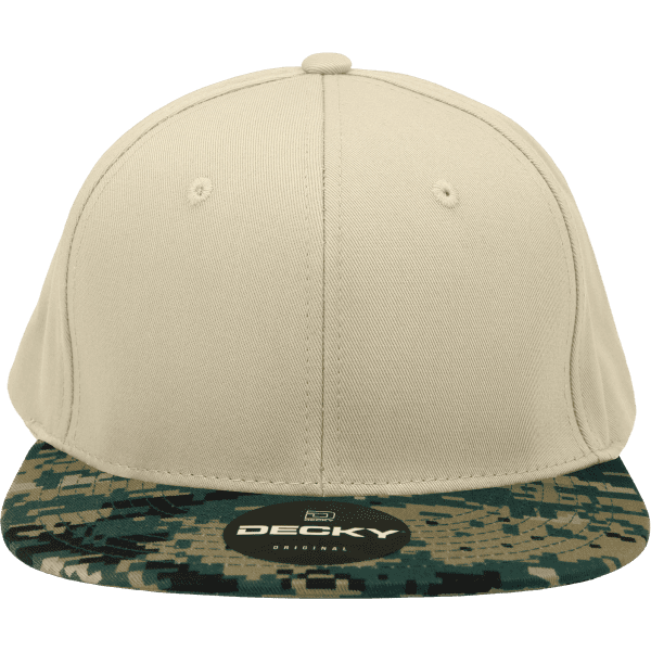 A camo snapback cap with a structured high profile, featuring a beige top and a patterned green brim, including a logo.