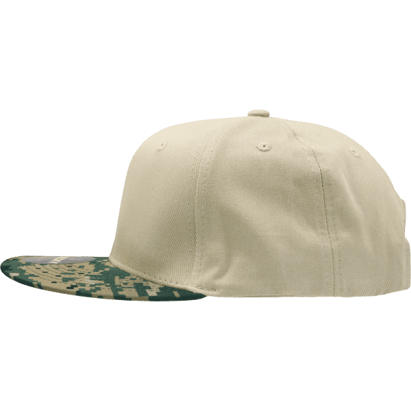 A structured snapback cap featuring a high-profile design with a cream body and camo-patterned peak.