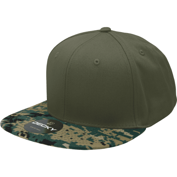 A green cap featuring a camo-patterned peak and a logo on the front. Suitable for casual wear.
