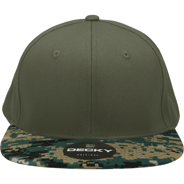 A high-profile structured snapback cap in olive green with a camo-patterned peak and a logo.