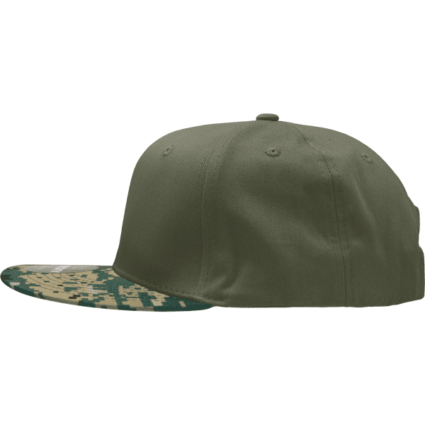 A structured camo snapback cap in olive green with a patterned visor featuring shades of green and cream.