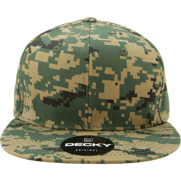 A camo snapback cap featuring a high-profile structured design in green and tan colours, with a logo on the front.