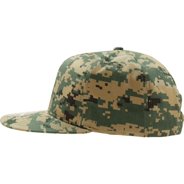 A structured snapback cap featuring a camouflage pattern with green and tan colours. It has a logo on the side.