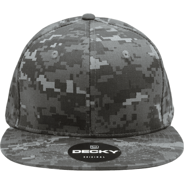 A grey camo snapback cap with a structured high profile and a branded label on the front.