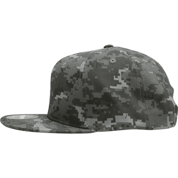A grey camo snapback cap with a high-profile structured design and a brand logo on the side.