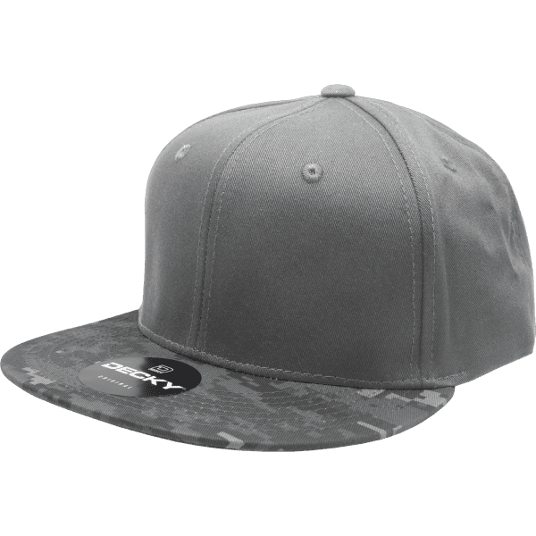 A grey camo snapback cap featuring a flat brim and a brand logo on the front.