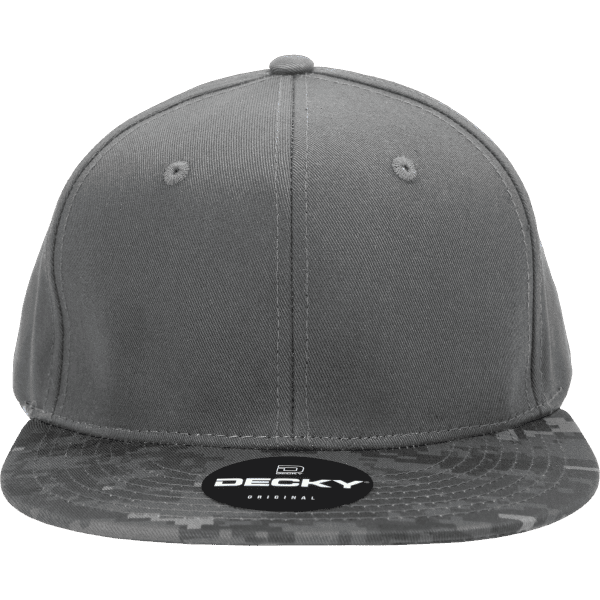 A high-profile structured snapback cap featuring a grey top with a camo-patterned brim and a logo on the front.