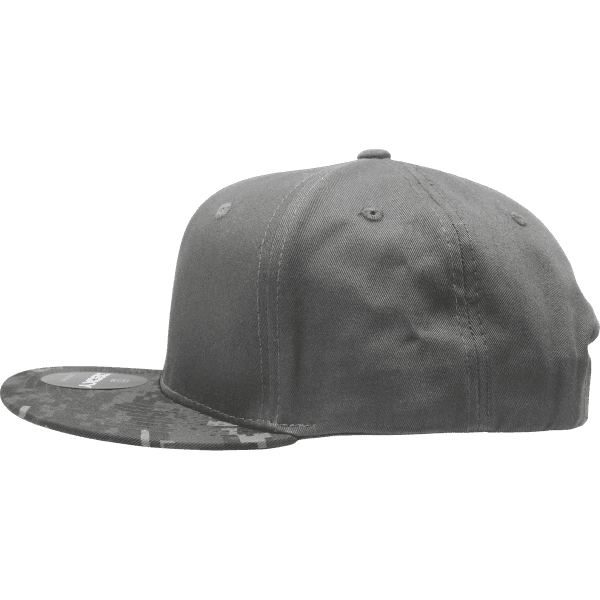 A grey camo snapback cap with a structured high profile and a patterned brim, featuring a logo.
