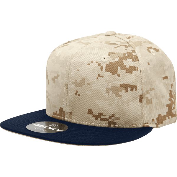 A 6-panel high pro camo snapback cap featuring a tan camo pattern with a navy blue flat brim and a logo on the side.
