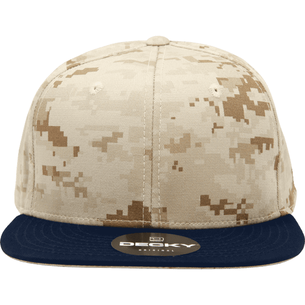 A high-profile structured snapback cap featuring a camouflage pattern in beige and brown, with a navy blue peak and a logo.