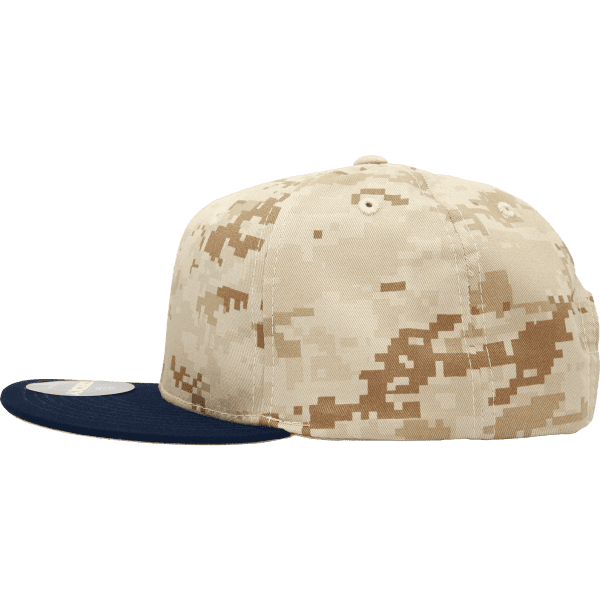 A structured camo snapback cap in beige and brown tones, featuring a navy peak and a logo on the side.
