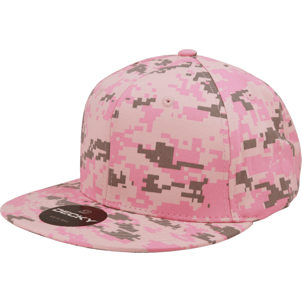 A pink camo snapback cap with a flat brim and a branded logo on the front.