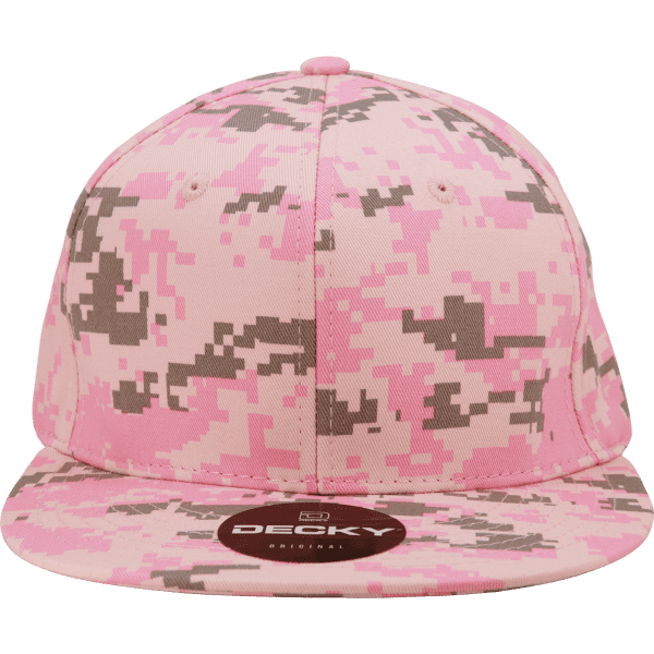 A high-profile structured snapback cap in pink and grey camo with a front logo.