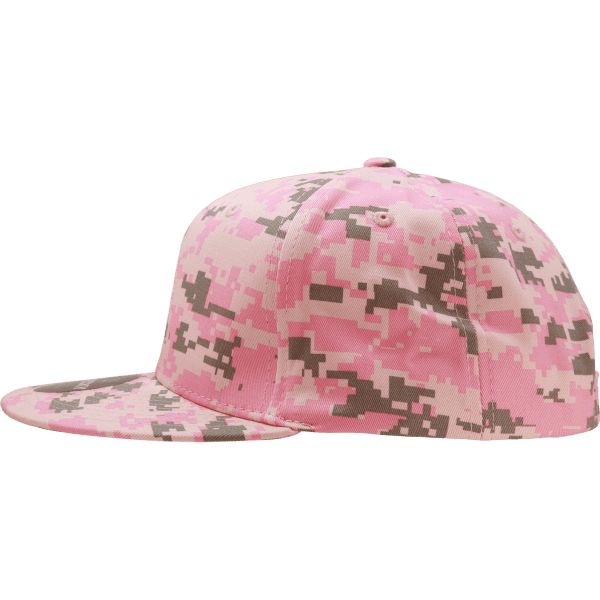 A pink camouflage snapback cap featuring a structured high-profile design and a curved brim. It includes a logo.
