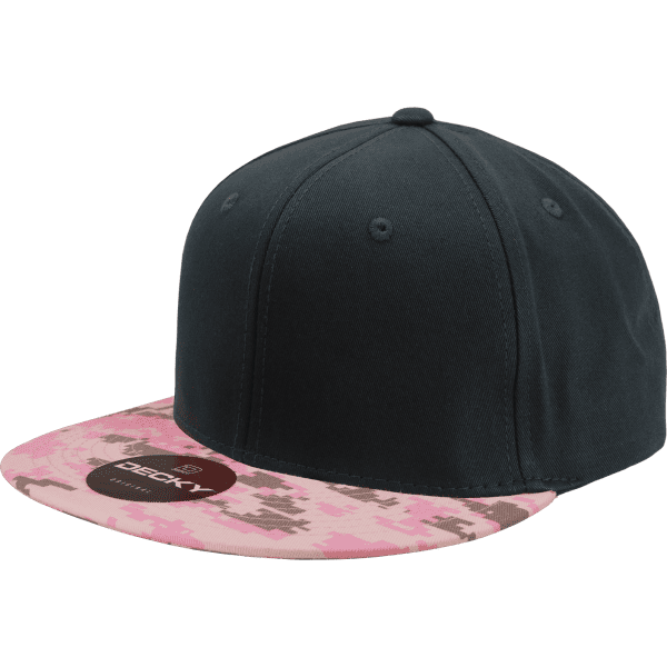 A snapback cap featuring a black upper and a pink camo-patterned brim, with a logo on the front.