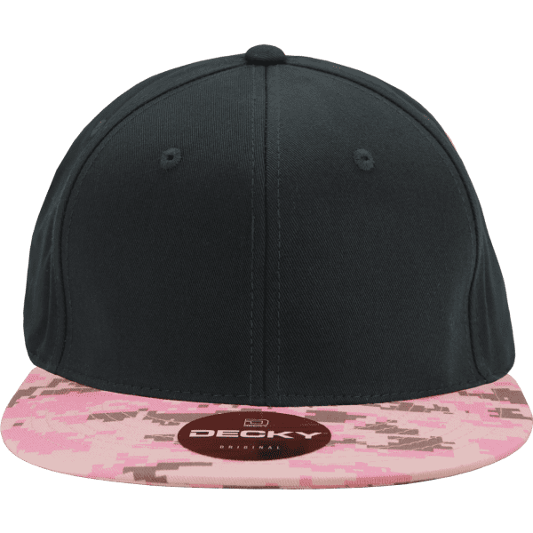 A high-profile structured snapback cap in black with a pink camo patterned brim. Features a logo on the front.