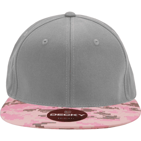 A high-profile structured snapback cap featuring a grey body and a pink camo brim, with a logo on the front.