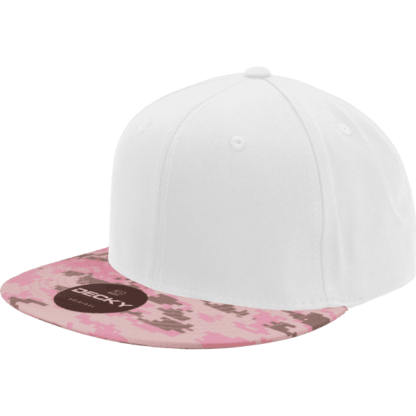 A snapback cap with a white body and a pink camo patterned brim, featuring a logo.