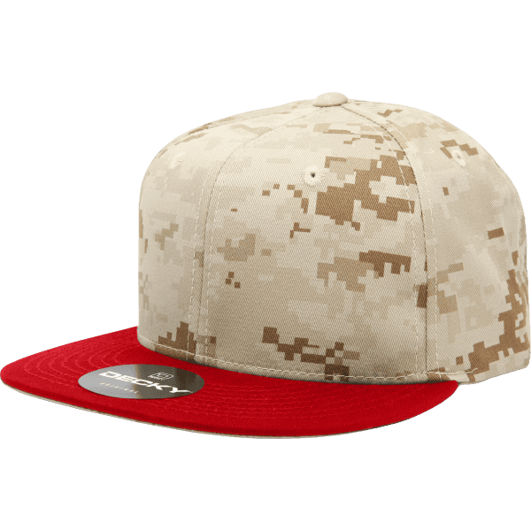 A 6 panel snapback cap featuring a camouflage beige body and a bright red peak, with a logo on the front.