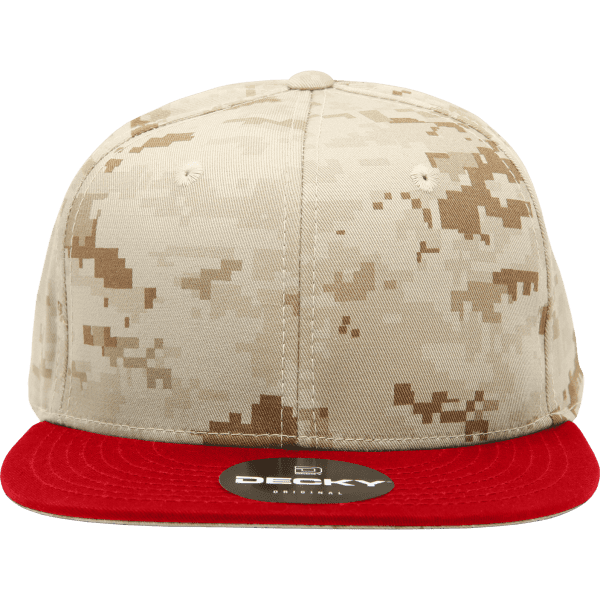 A structured snapback cap in beige camo with a red flat brim. Features a logo on the front.