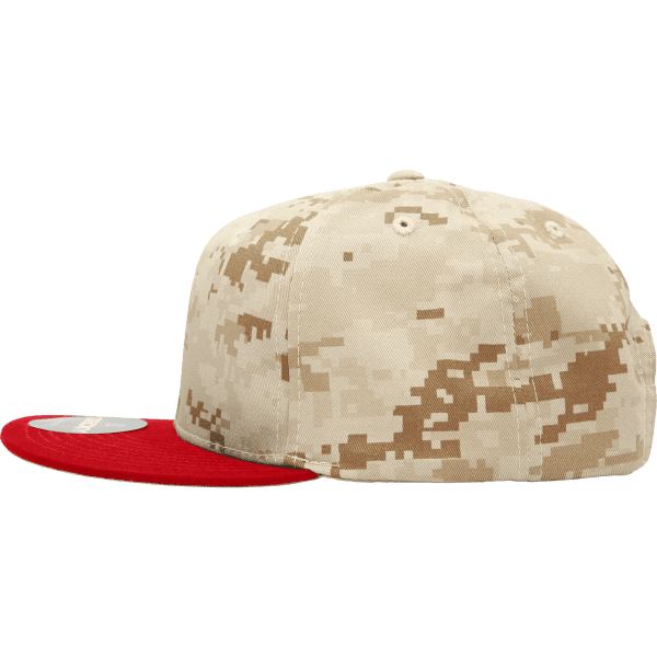 A camo snapback cap featuring a beige patterned body and a red flat brim, with a logo on the side.