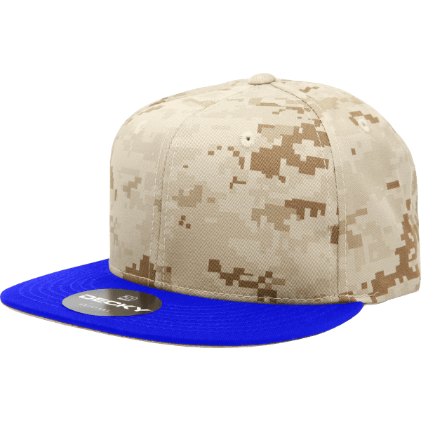 A camo snapback cap featuring a beige camouflage pattern and a blue brim. Includes a logo on the front.