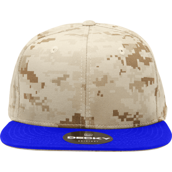 A high profile structured snapback cap in a camo pattern with a blue peak and a logo on the front.
