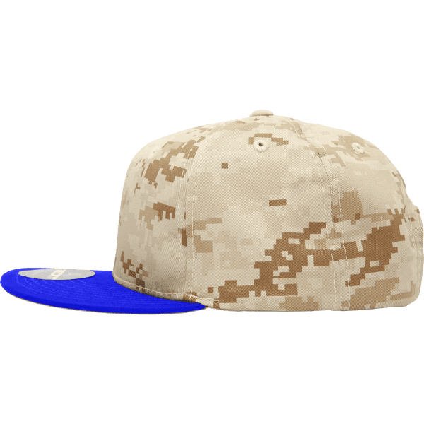 A structured camo snapback cap in beige and blue, featuring a flat brim and a logo on the side.