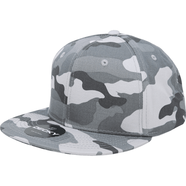 A grey and white camo snapback cap featuring a flat brim and a branding logo.