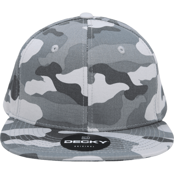 A grey camo snapback cap with a structured high profile and a logo on the front.