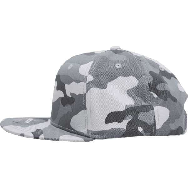 A grey and white camo snapback cap with a high-profile structured design and a logo on the side.