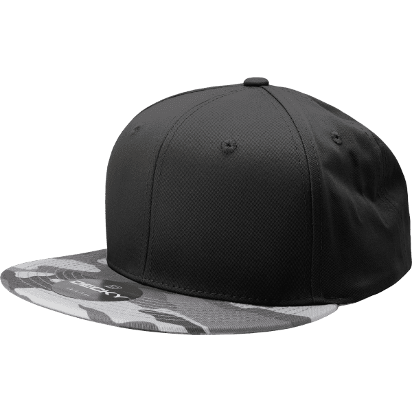 A black snapback cap featuring a camo-patterned brim and a logo on the front.