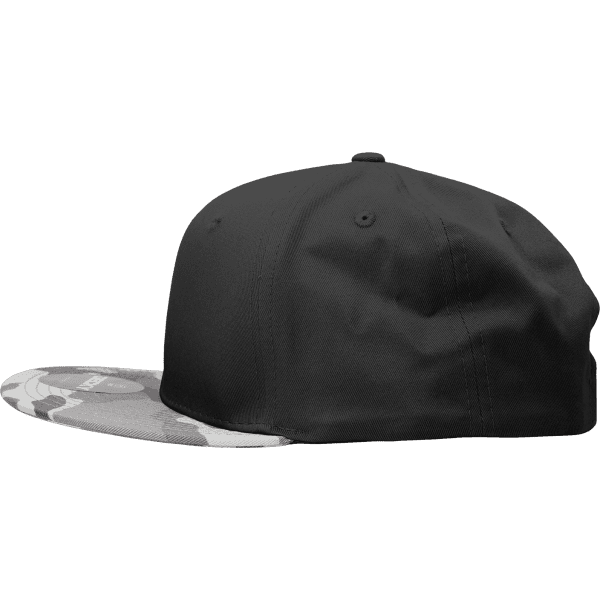 A black snapback cap with a camo-patterned brim and a structured high-profile design. It features a logo.