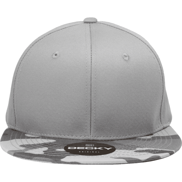 A structured high-profile snapback cap featuring a grey body and a camo pattern brim. Includes a logo on the front.