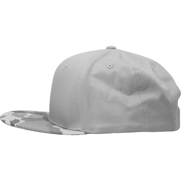 A grey camo snapback cap with a structured high profile and a curved brim. It features a logo on the side.
