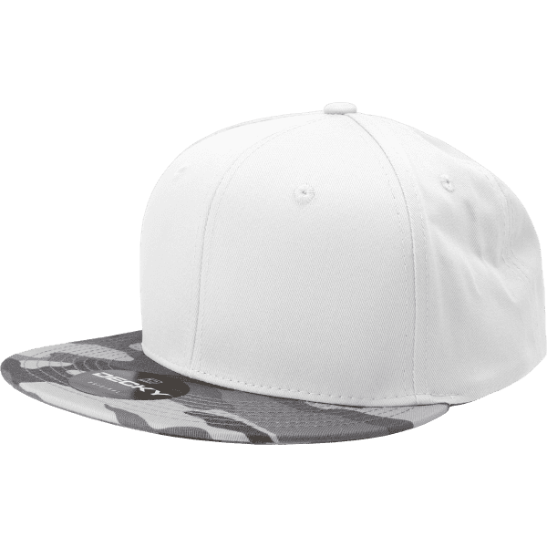 A white snapback cap with a camo-patterned visor and a logo on the front.