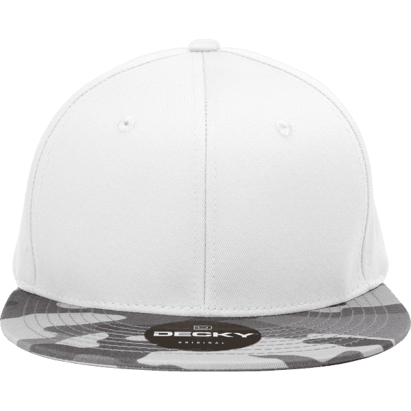 A structured white snapback cap with a camo-patterned grey brim and a logo on the front.