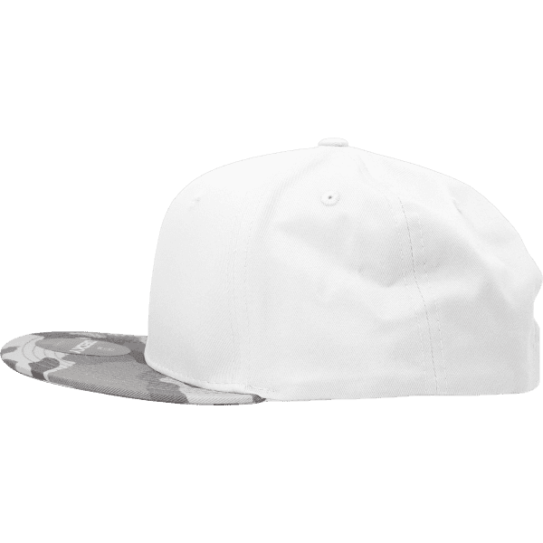 A structured snapback cap with a camouflage peak and a white body, featuring a logo on the side.