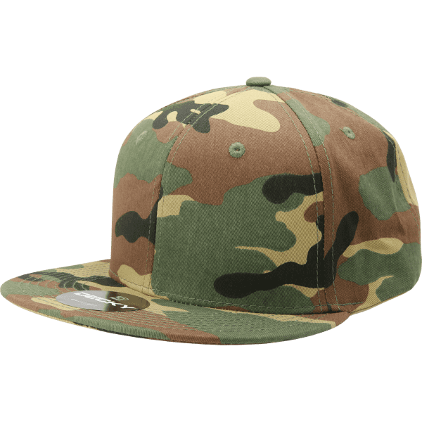 A camo snapback cap featuring a six-panel design in green, brown, and black colours. It has a logo on the front.