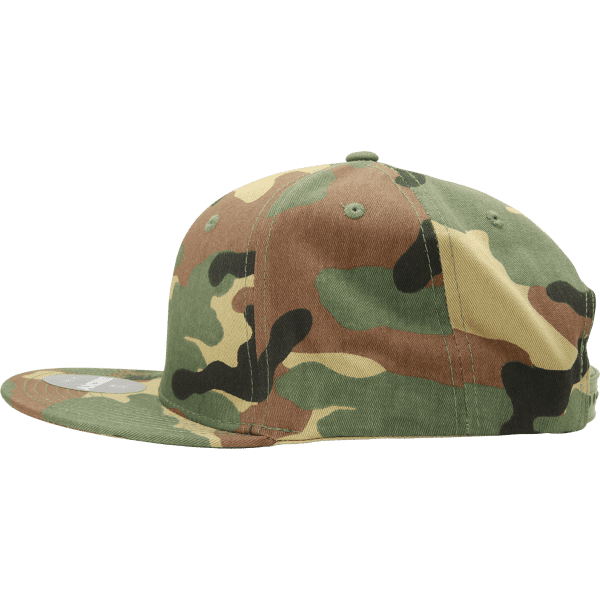 A camo snapback cap in shades of green, brown, and tan, featuring a structured six-panel design and a logo.