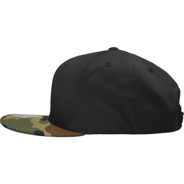 A structured snapback cap featuring a black crown and a camo-patterned brim, with a logo on the side.
