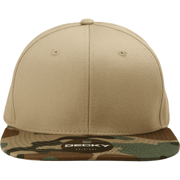 A high profile structured snapback cap featuring a beige front and a camo print brim. Includes a logo.