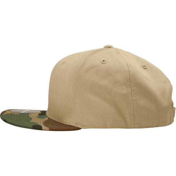A high-profile structured snapback cap with a camo-patterned visor and a beige body. It features a logo on the side.