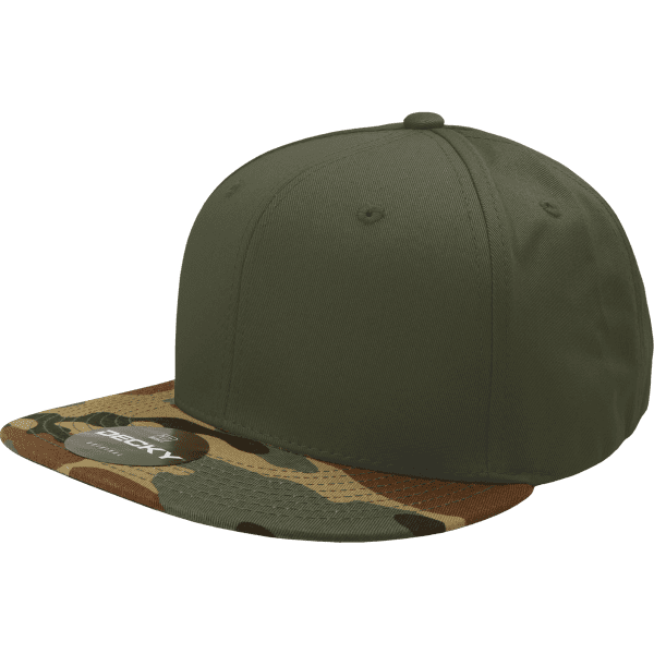 A green cap with a camo-patterned brim, featuring a logo on the front.
