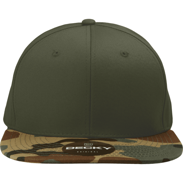 A high profile structured snapback cap featuring an olive green body and a camo-patterned brim. Includes a logo.