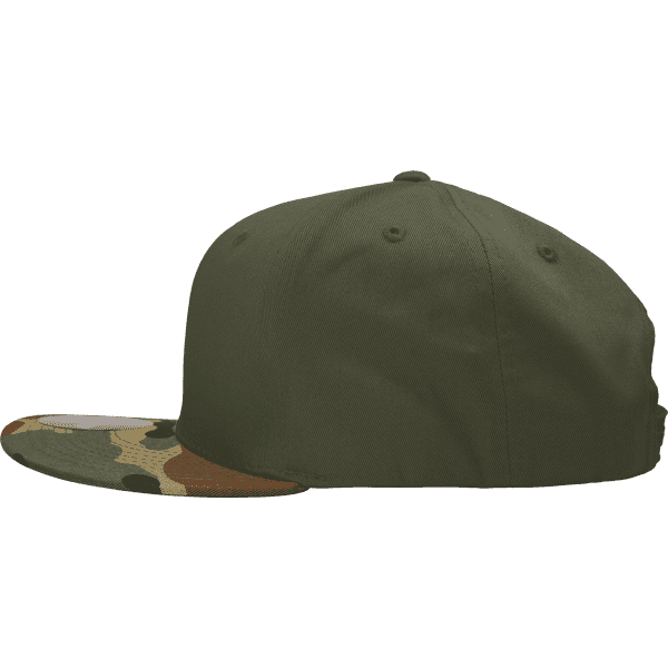 A high-profile structured snapback cap in camo print with an olive green body and a camo brim. It features a logo.