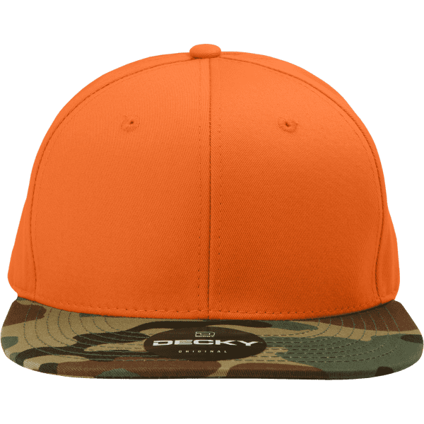 A camo snapback cap featuring an orange high-profile structured crown and a camouflage-brimmed underside.