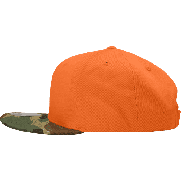 A snapback cap featuring a bright orange crown and a camo brim. It has a structured high profile and a logo.