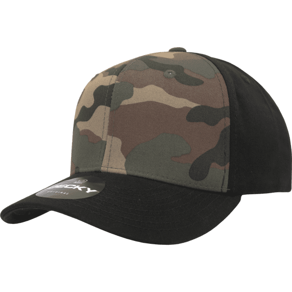A camo cap featuring a mid-profile structured design with shades of green, brown, and black. It includes a logo on the front.