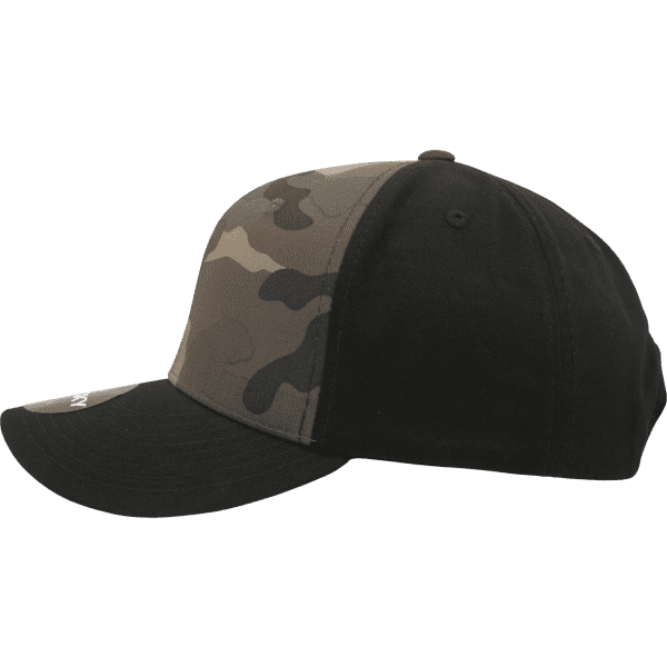 A camo cap with a structured mid-profile design, featuring shades of green and black, and a logo on the side.